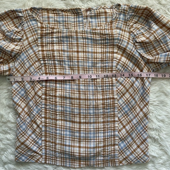 Free People Top Button Back Puff Sleeve Plaid Tan Blue S - Picture 8 of 10